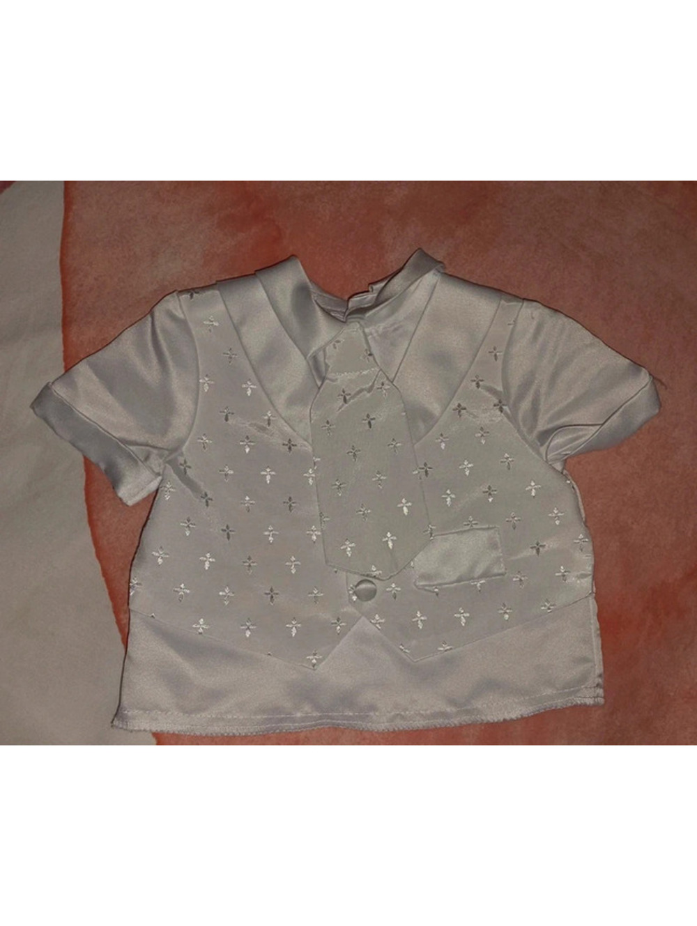 White Satin Embroidered 9-12M 3pc Suit Outfit Set Jacket Short Sleeve Button